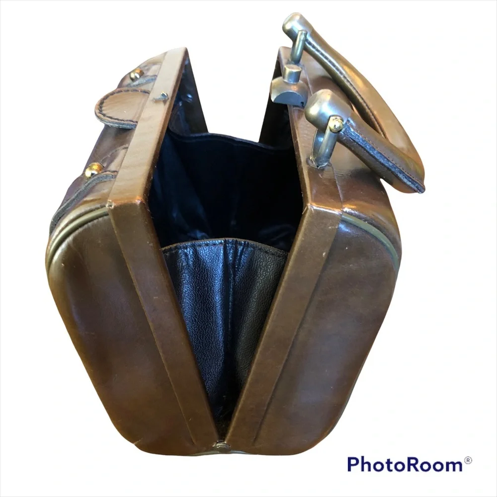 Vintage 1950s Ronay Leather Box Purse Handbag Brown Handles Amazing - Picture 4 of 12